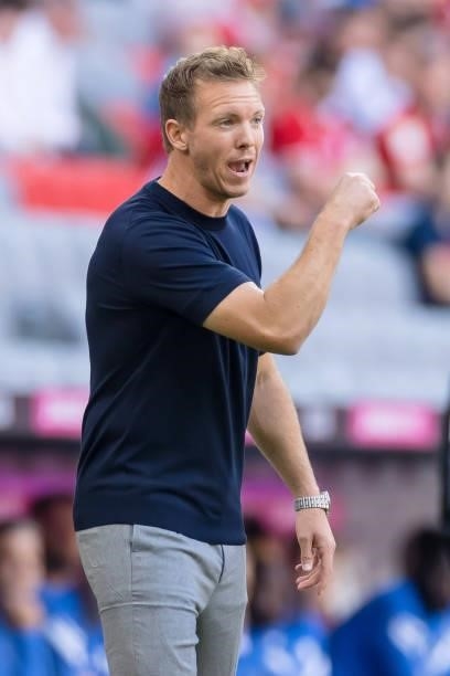 Head coach Julian Nagelsmann of Bayern Muenchen gestures during the Bundesliga match between FC Bayern Muenchen and VfL Bochum at Allianz Arena on...
