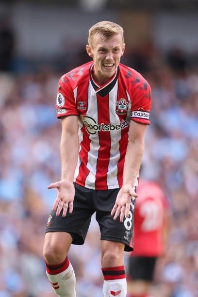 James Ward-Prowse of Southampton gets emotional during the Premier League match between Manchester City and Southampton at Etihad Stadium on...