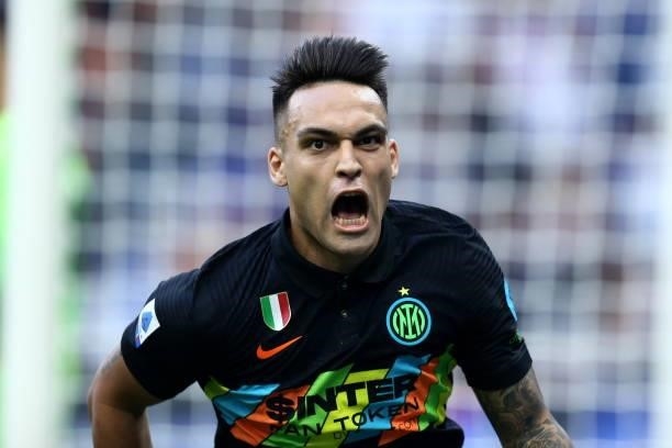 Lautaro Martinez of FC Internazionale celebrates after scoring his team's first goal during the Serie A match between FC Internazionale and Bologna...