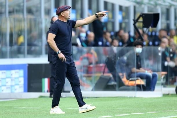 Sinisa Mihajlovic, head coach of Bologna Fc gestures during the Serie A match between FC Internazionale and Bologna FC at Stadio Giuseppe Meazza on...