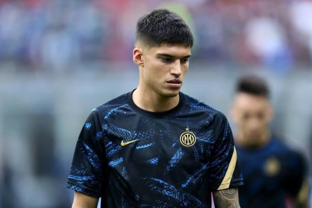 Joaquin Correa of FC Internazionale warm up during the Serie A match between FC Internazionale and Bologna FC at Stadio Giuseppe Meazza on September...