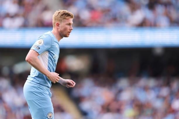 Kevin De Bruyne of Manchester City during the Premier League match between Manchester City and Southampton at Etihad Stadium on September 18, 2021 in...
