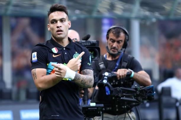 Lautaro Martinez of FC Internazionale celebrates after scoring his team's first goal during the Serie A match between FC Internazionale and Bologna...