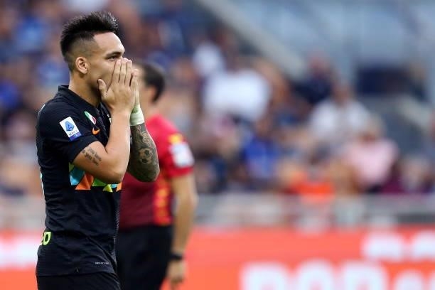 Lautaro Martinez of FC Internazionale looks dejected during the Serie A match between FC Internazionale and Bologna FC at Stadio Giuseppe Meazza on...