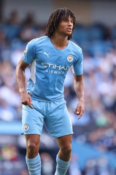 Nathan Ake of Manchester City during the Premier League match between Manchester City and Southampton at Etihad Stadium on September 18, 2021 in...