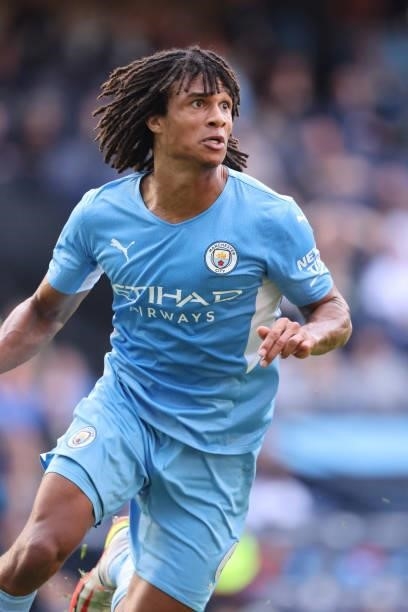 Nathan Ake of Manchester City during the Premier League match between Manchester City and Southampton at Etihad Stadium on September 18, 2021 in...