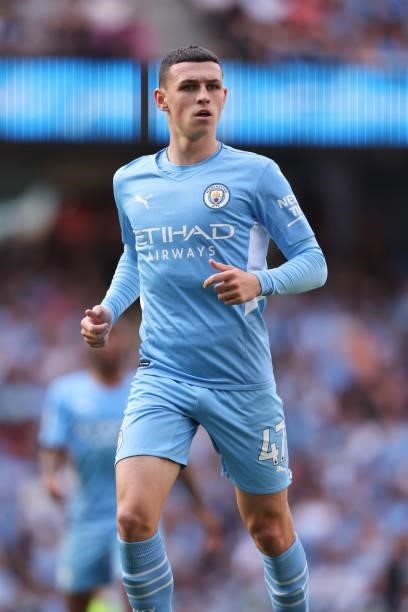 Phil Foden of Manchester City during the Premier League match between Manchester City and Southampton at Etihad Stadium on September 18, 2021 in...