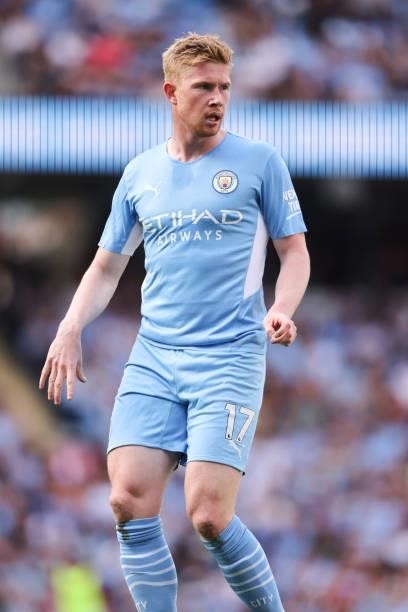 Kevin De Bruyne of Manchester City during the Premier League match between Manchester City and Southampton at Etihad Stadium on September 18, 2021 in...