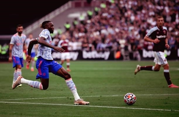 Aaron Wan-Bissaka of Manchester United in action during the Premier League match between West Ham United and Manchester United at London Stadium on...