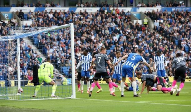 Leicester City see the ball hit the back of the net before referee Stuart Attwell disallows the goal for offside during the Premier League match...