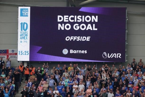Check rules Harvey Barnes of Leicester City's goal offside during the Premier League match between Brighton & Hove Albion and Leicester City at...