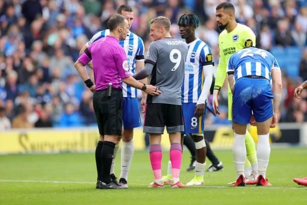 Jamie Vardy of Leicester City protests to referee Stuart Attwell after VAR rules Harvey Barnes of Leicester City's goal offside during the Premier...