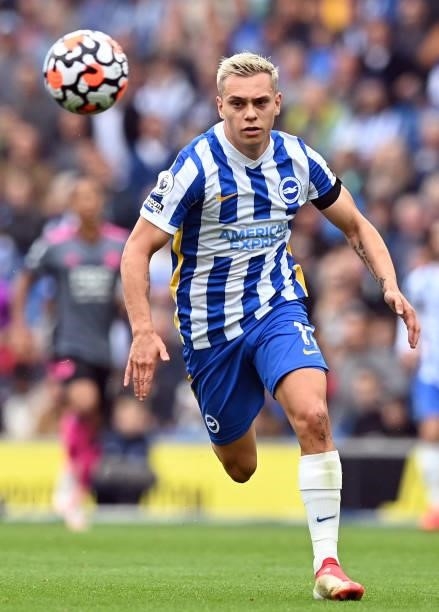 Brighton's Belgian midfielder Leandro Trossard chases the ball during the English Premier League football match between Brighton and Hove Albion and...