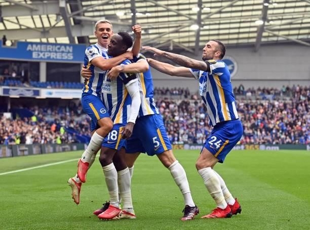 Brighton's English striker Danny Welbeck celebrates scoring his team's second goal during the English Premier League football match between Brighton...