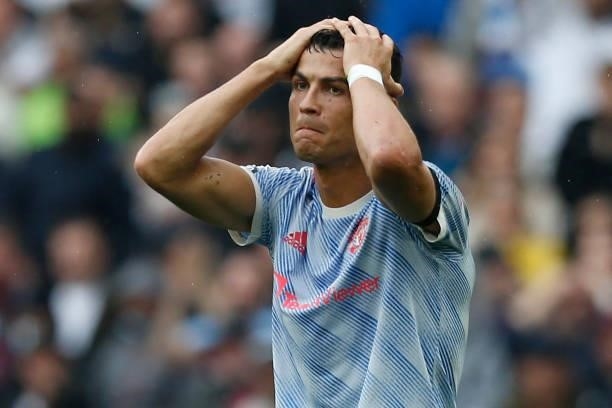 Manchester United's Portuguese striker Cristiano Ronaldo reacts after a decision goes against him during the English Premier League football match...
