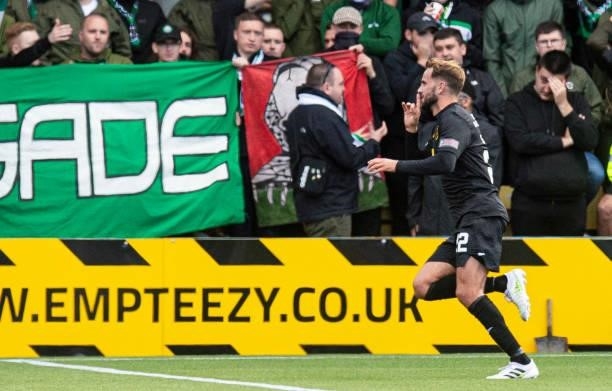 Livingston's Andrew Shinnie celebrates making it 1-0 during a cinch Premiership match between Livingston and Celtic at the Tony Macaroni Arena on...