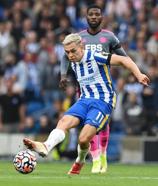 Brighton's Belgian midfielder Leandro Trossard passes the ball during the English Premier League football match between Brighton and Hove Albion and...