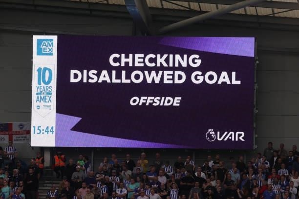 Leicester City's second goal is disallowed after a VAR check during the Premier League match between Brighton & Hove Albion and Leicester City at...