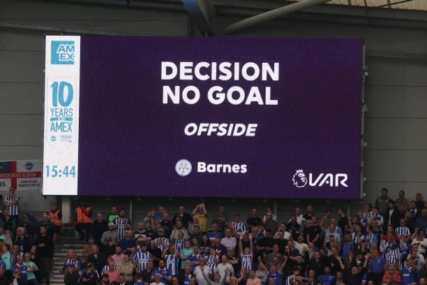 Check rules Harvey Barnes of Leicester City's goal as offside during the Premier League match between Brighton & Hove Albion and Leicester City at...