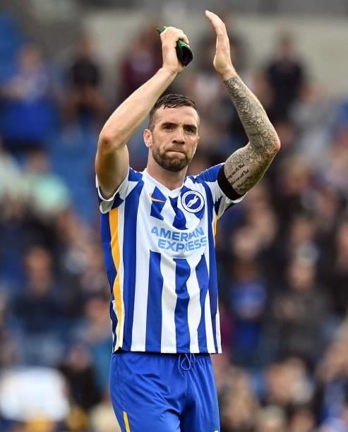 Brighton's Irish defender Shane Duffy applauds the supporters after the English Premier League football match between Brighton and Hove Albion and...