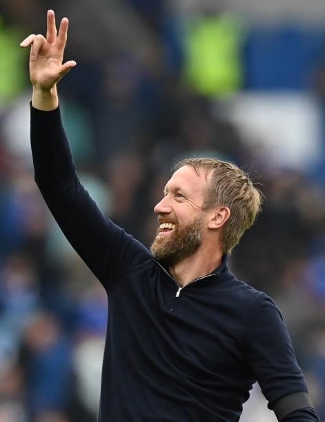 Brighton's English manager Graham Potter celebrates after the English Premier League football match between Brighton and Hove Albion and Leicester...
