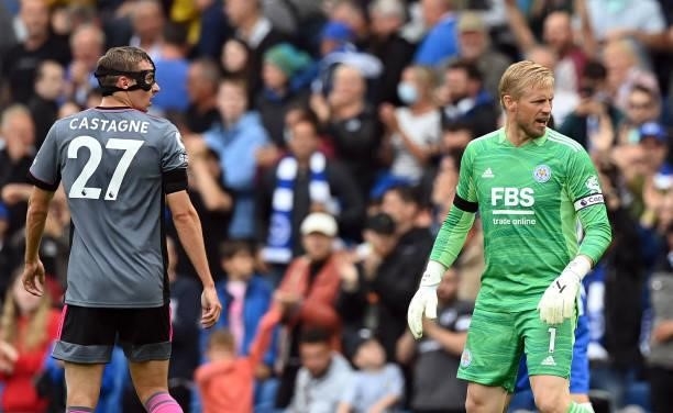 Leicester City's Danish goalkeeper Kasper Schmeichel reacts to the referee at the final whistle during the English Premier League football match...