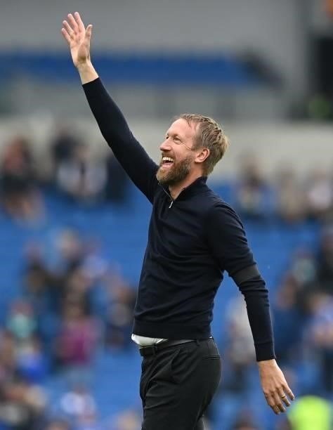 Brighton's English manager Graham Potter celebrates after the English Premier League football match between Brighton and Hove Albion and Leicester...