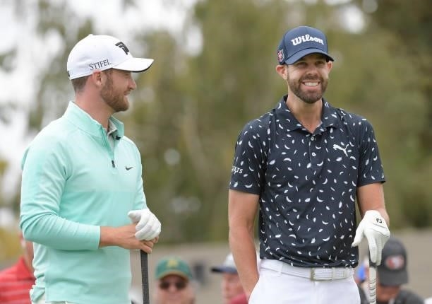 Wyndham Clark and Kevin Tway wait to play the first hole during the third round of the Fortinet Championship at Silverado Resort and Spa North on...