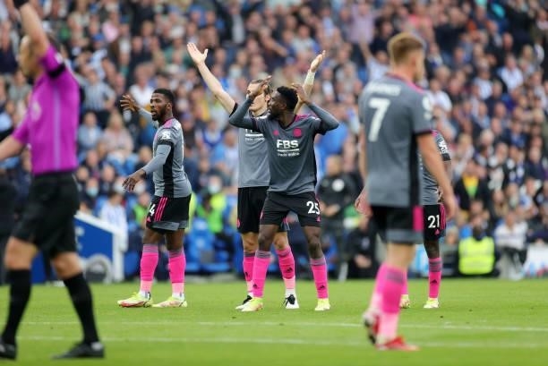 Wilfred Ndidi of Leicester City protests after seeing his goal disallowed by VAR during the Premier League match between Brighton & Hove Albion and...