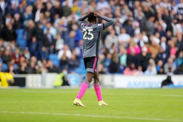 Wilfred Ndidi of Leicester City sees is goal disallowed by VAR during the Premier League match between Brighton & Hove Albion and Leicester City at...