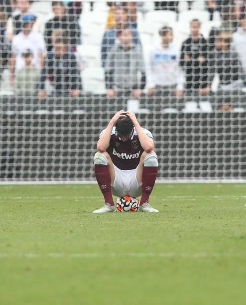 Dejection for West Ham United's Declan Rice at the end of the match during the Premier League match between West Ham United and Manchester United at...