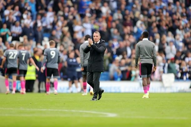 Leicester City Manager Brendan Rodgers applauds the travelling Leicester City fans after the Premier League match between Brighton & Hove Albion and...