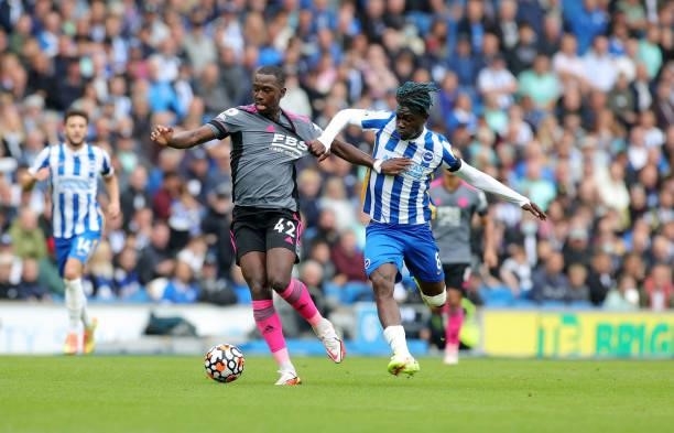 Boubakary Soumaré of Leicester City in action with Yves Bissouma of Brighton & Hove Albion during the Premier League match between Brighton & Hove...