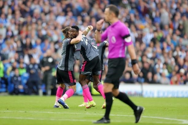 Wilfred Ndidi of Leicester City sees his goal disallowed by VAR during the Premier League match between Brighton & Hove Albion and Leicester City at...