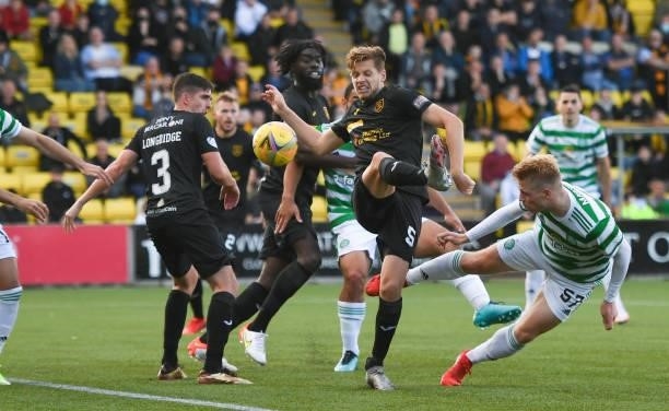 Celtic's Stephen Welsh has a header at goal during a cinch Premiership match between Livingston and Celtic at the Tony Macaroni Arena on September 19...