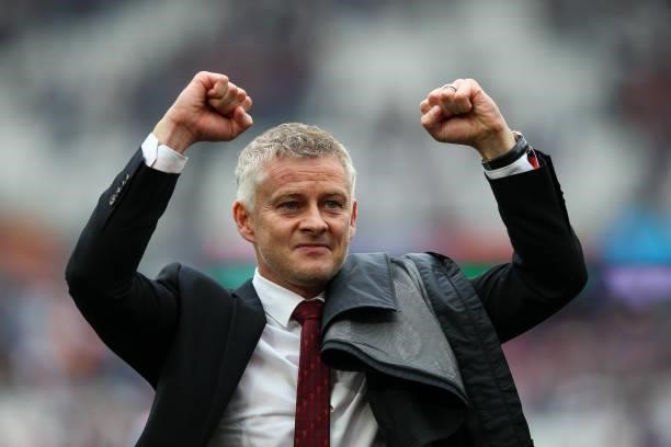 Manchester United manager Ole Gunnar Solskjaer celebrates his side's victory after the Premier League match between West Ham United and Manchester...