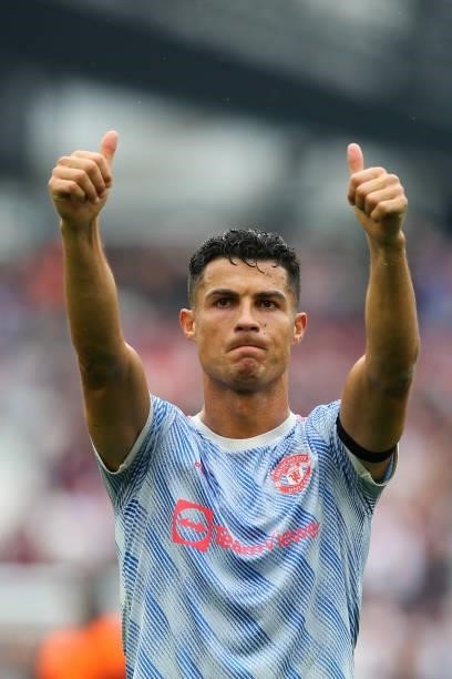 Cristiano Ronaldo of Manchester United celebrates his side's victory after the Premier League match between West Ham United and Manchester United at...
