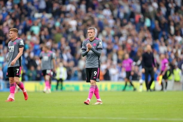 Jamie Vardy of Leicester City applauds the travelling Leicester City fans after the Premier League match between Brighton & Hove Albion and Leicester...