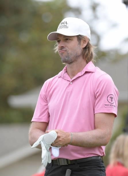 Aaron Baddeley watches play on the first hole during the third round of the Fortinet Championship at Silverado Resort and Spa North on September 18,...