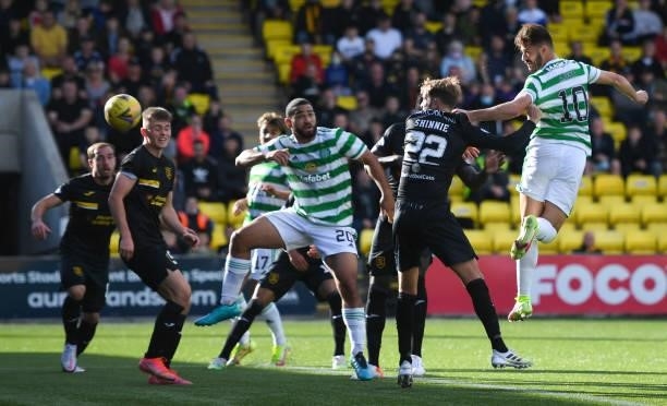 Celtic's Albian Ajeti heads wide during a cinch Premiership match between Livingston and Celtic at the Tony Macaroni Arena on September 19 in...
