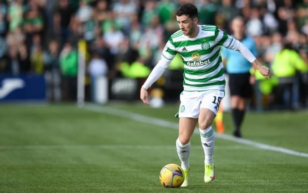 Celtic's Mikey Johnston during a cinch Premiership match between Livingston and Celtic at the Tony Macaroni Arena on September 19 in Livingston,...