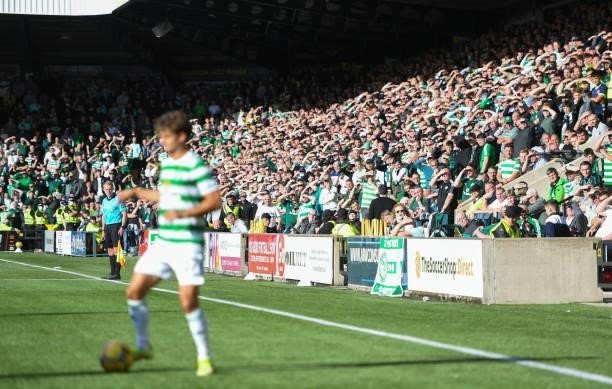 Celtic fans watch on during a cinch Premiership match between Livingston and Celtic at the Tony Macaroni Arena on September 19 in Livingston,...