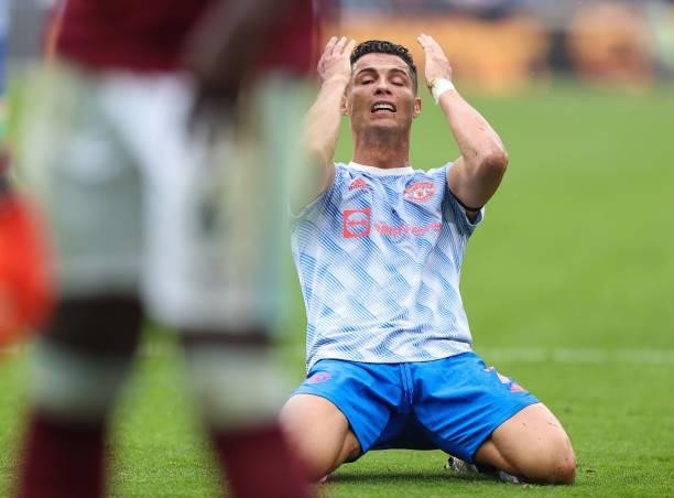 Cristiano Ronaldo of Man Utd reacts after his appeal for a penalty is denied during the Premier League match between West Ham United and Manchester...