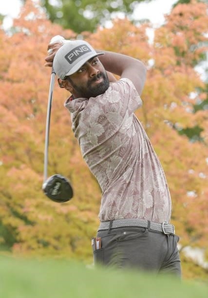Sahith Theegala plays his tee shot on the first hole during the third round of the Fortinet Championship at Silverado Resort and Spa North on...