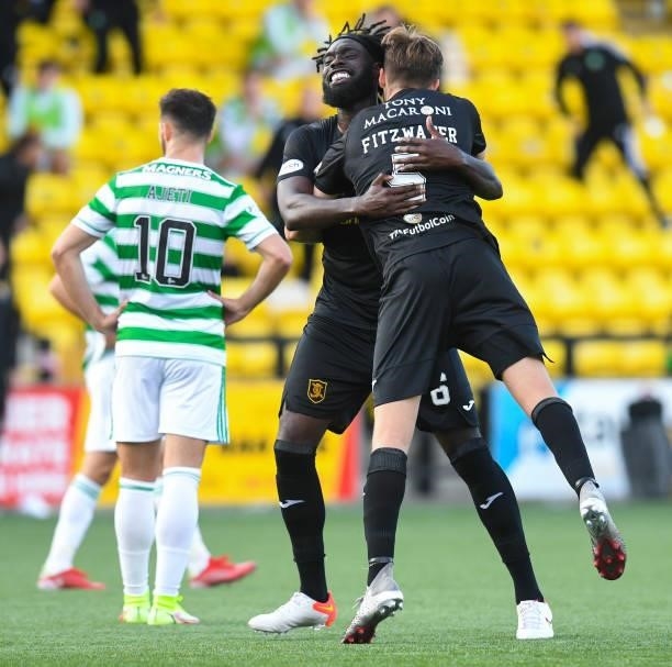 Livingston's Ayo Obileye and Jack Fitzwater at full time during a cinch Premiership match between Livingston and Celtic at the Tony Macaroni Arena on...