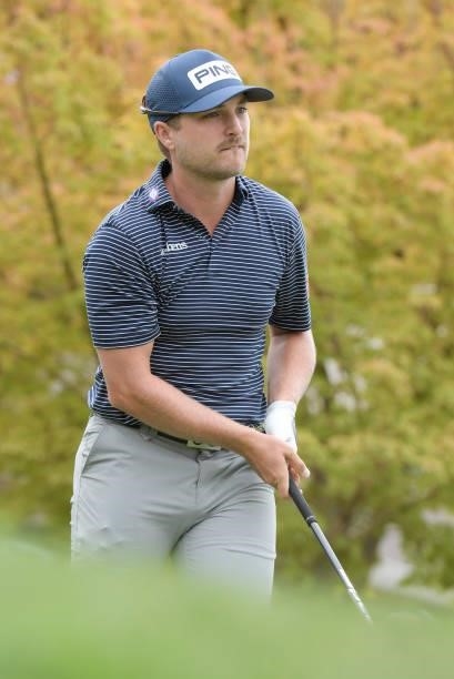 Austin Cook watches his tee shot on the first hole during the third round of the Fortinet Championship at Silverado Resort and Spa North on September...