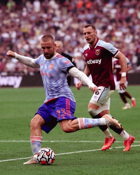 Luke Shaw of Manchester United in action during the Premier League match between West Ham United and Manchester United at London Stadium on September...