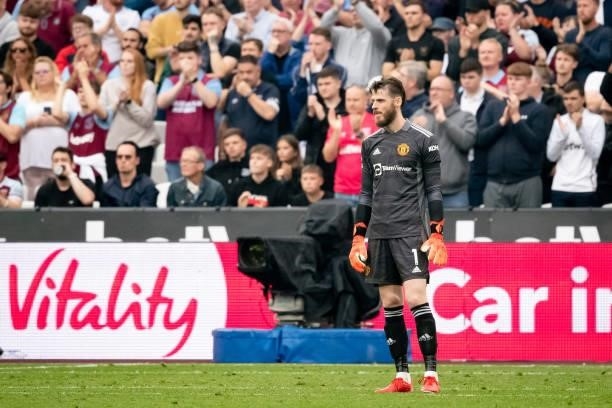 David de Gea of Manchester United looks on during the Premier League match between West Ham United and Manchester United at London Stadium on...