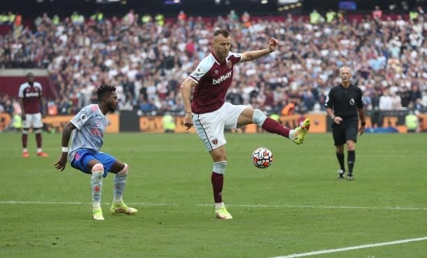 West Ham United's Andriy Yarmolenko and Manchester United's Fred during the Premier League match between West Ham United and Manchester United at...