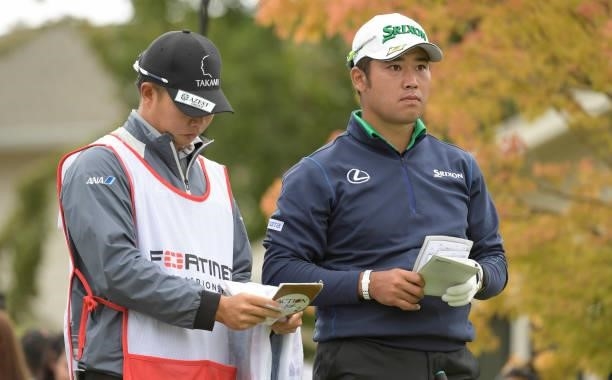 Hideki Matsuyama of Japan watches play on the first hole during the third round of the Fortinet Championship at Silverado Resort and Spa North on...